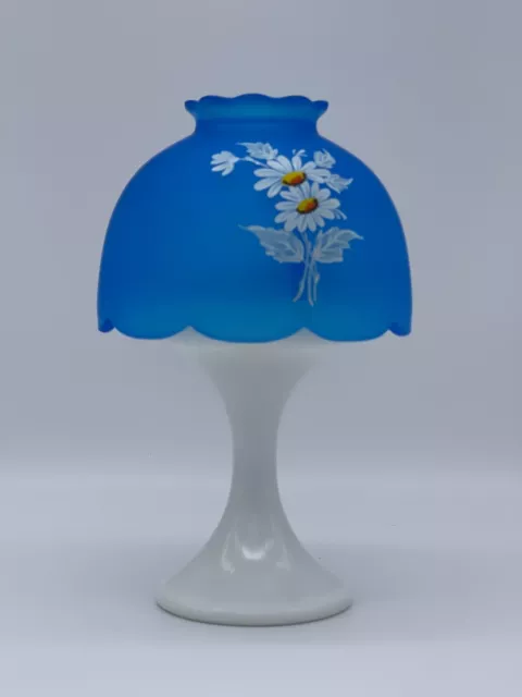 Vtg Westmoreland Fairy Lamp Blue Frosted Glass Hand Painted Milk Glass Daisies