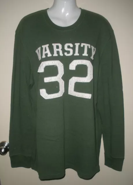 #72 Old Navy XL Mens Thermal Waffle Green Varsity Sewn Letters LS