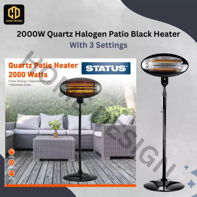 New Status Electric Patio Heater Free Standing Halogen Quartz Outdoor 2KW Black