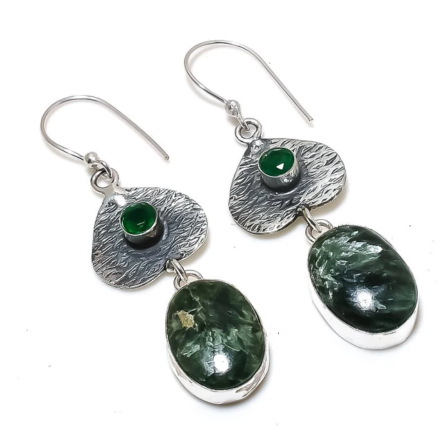 Seraphinite, Diopside Gemstone 925 Sterling Silver Jewelry Earring 2.36 " o537