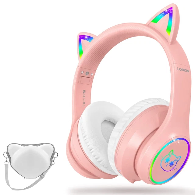 Bluetooth 5.1 Kids Headphones with Case - RGB LED Light Up Cat Ears Foldable