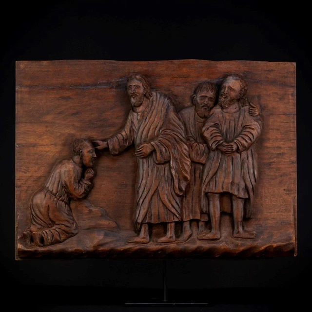 Jesús Blessing The Blind Beggar Escultura Antigua 1700s Cristo Curación 70.1cm