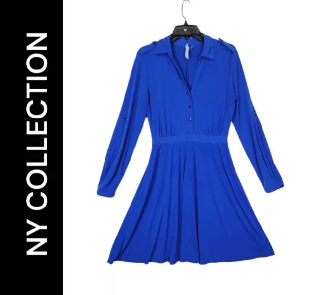 NY Collection Women Blue Size Medium Dress Flare Collared Long Sleeve Vneck