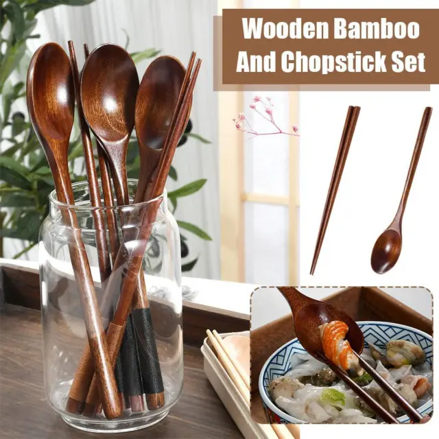 Japanese Long Handle Spoon Wooden Soup Spoon Chopsticks Spoon Set Portable V8W2