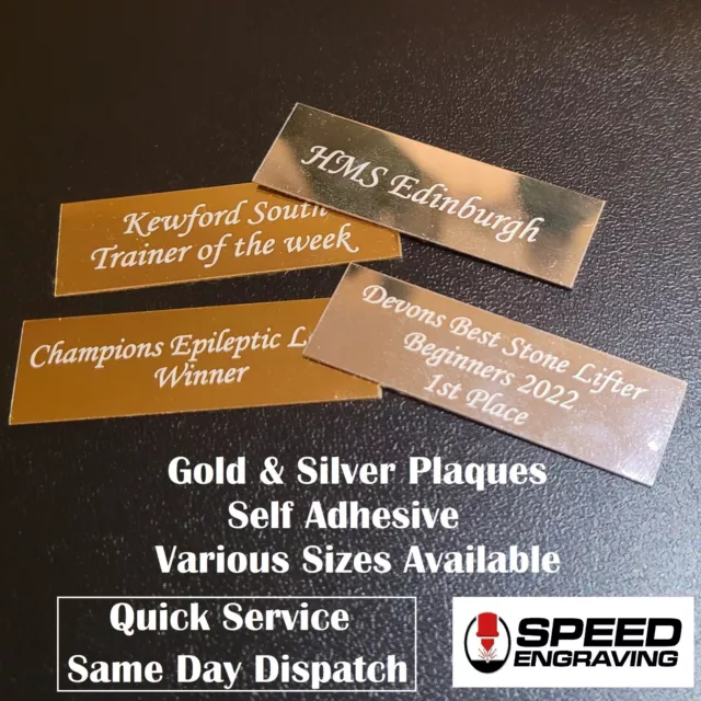 Engraved Trophy Plate Plaque Gold & Silver- Self Adhesive - All Sizes