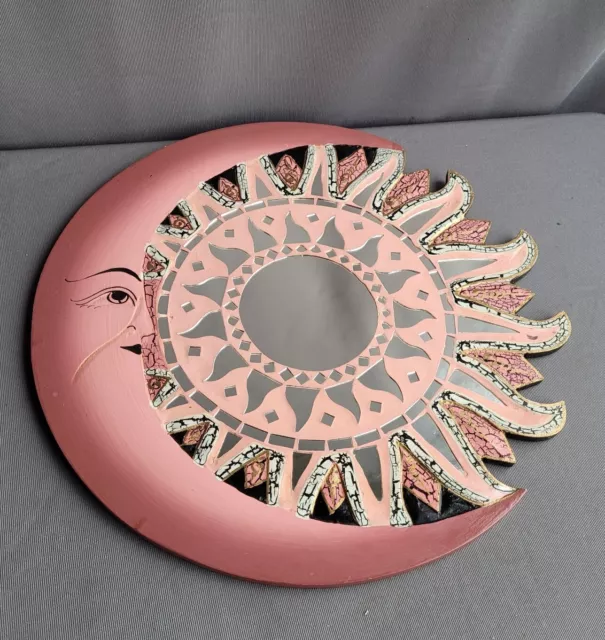 90s Y2k Sun Moon Hippy Celestial Wooden Wall Mirror Pink Painted