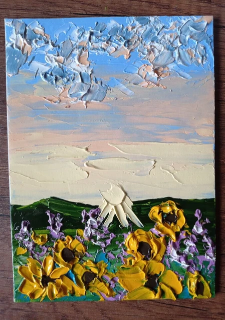 Pintura al óleo Campo de girasoles Arte original Cielo Flores Paisaje...