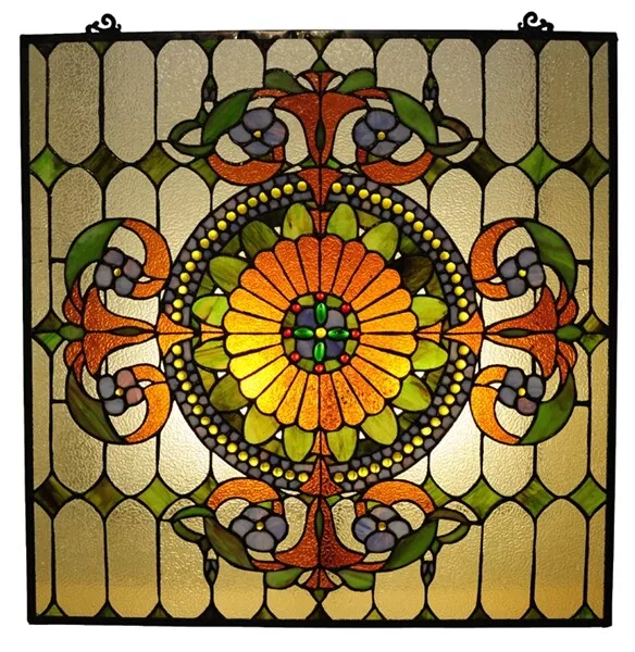 Stained Glass Tiffany Style Window Panel Arts & Crafts Mission Design 25" x 25"