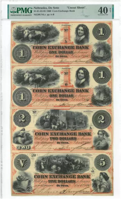 1860 $1 $1 $2 $5 De Soto Nebraska Corn Exchange Bank Uncut Sheet Pmg 40 Net