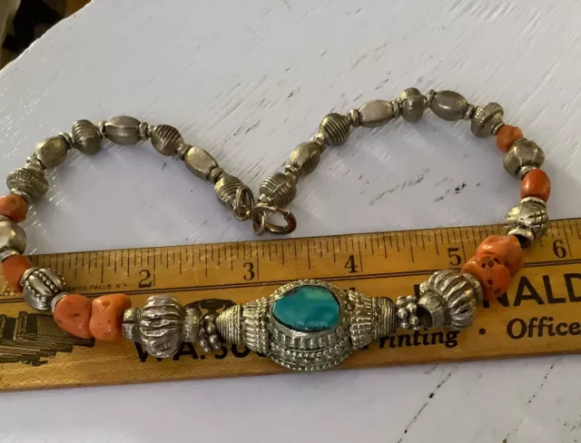 VTG  Tibetan STERLING Silver NEPAL Turquoise  Hair ORNAMENT CORAL BEAD NECKLACE