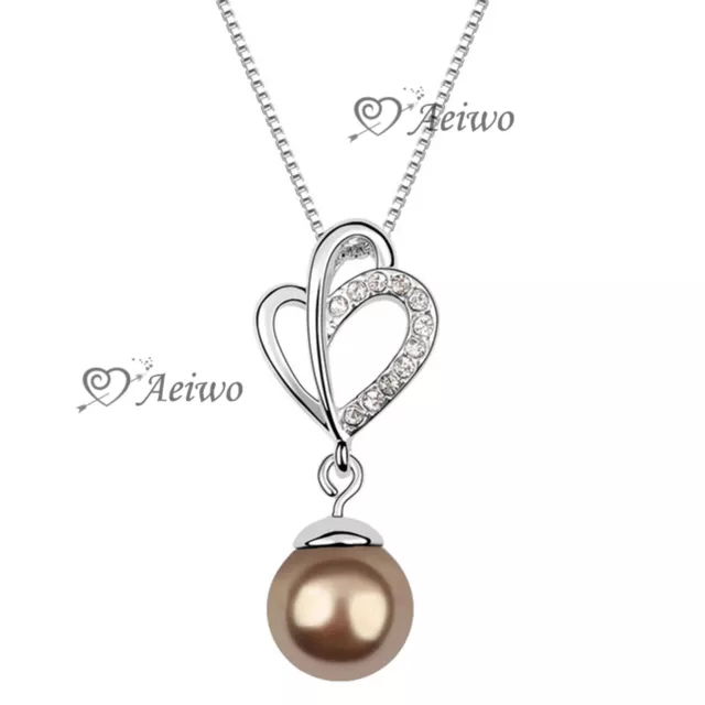 9K Gf Solid White Gold Made With Swarovski Crystal Brown Pearl Pendant Necklace