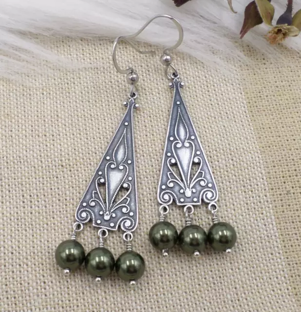 Green Imitation pearl Chandelier Earrings, Silver Plated Art Deco Style Jewelry