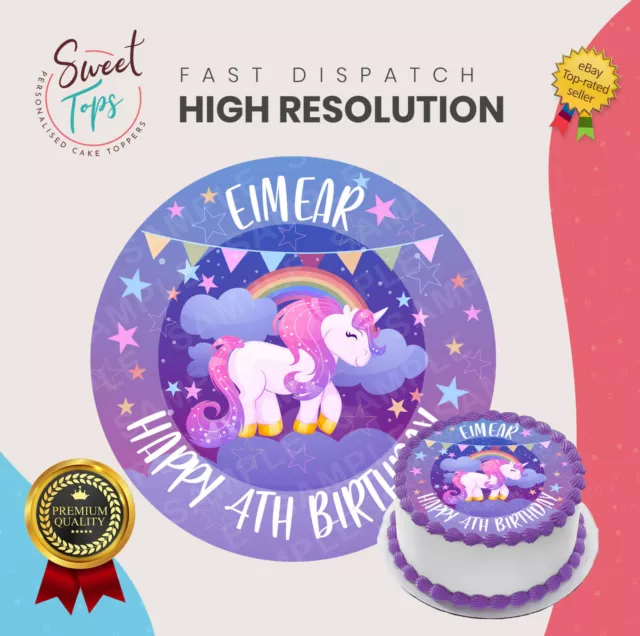 Unicorn Round Edible Birthday Cake Topper Decoration Personalised