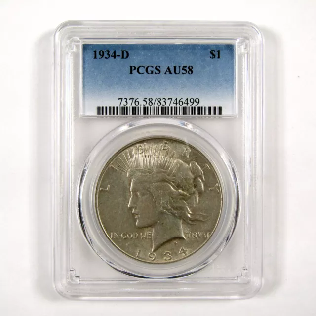 1934 D Peace Dollar AU 58 PCGS 90% Silver $1 Coin SKU:I9176