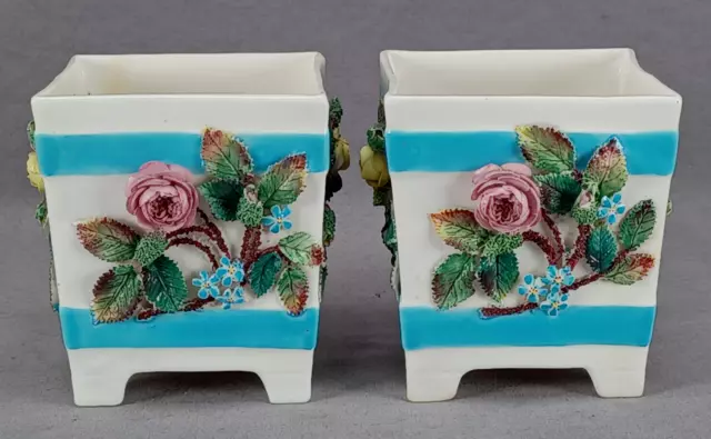 Pair of 19th Century British Rose Encrusted Turquoise Bone China Small Cachepots