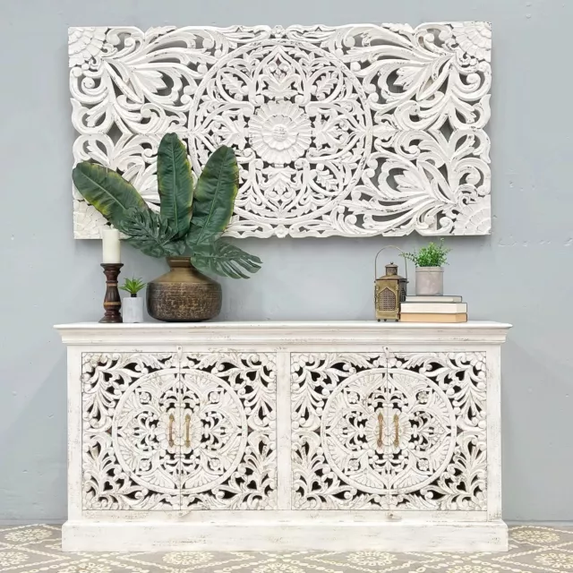 French Provincial Distressed White Mandala Shabby Chic Sideboard Buffet Cabinet