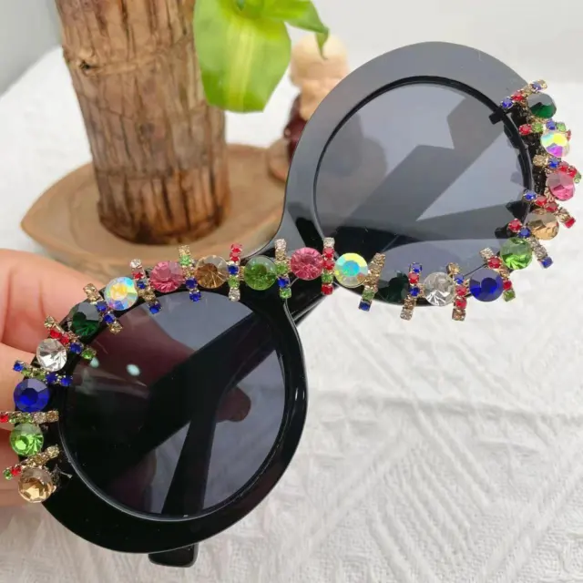 Womens Round Sunglasses UV400 Bling Colorful Rhinestone Personalized For Party O