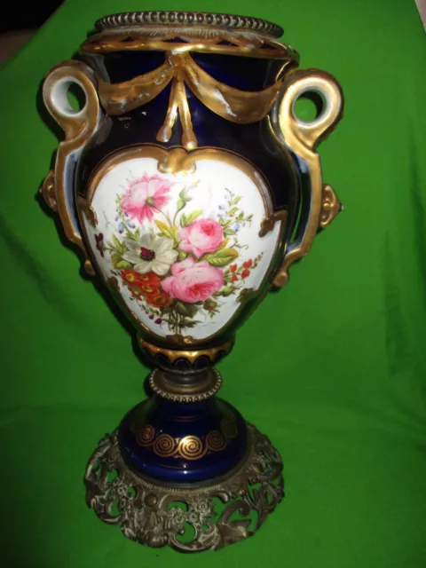 Antique Heavy Large Porcelain and Metal Hand Painted Floral Vase