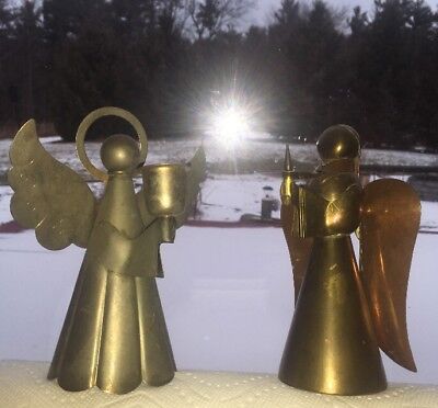 VTG Antique Pair Candle Holder Figurine Angel Brass Copper Gold Plated Hong Kong