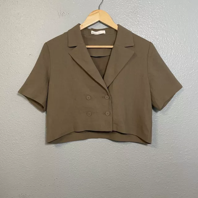Oak + Fort Women's Olive Double Breasted Cropped Blazer Top Linen Blend Small