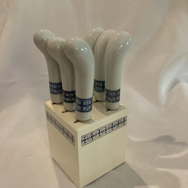 CUCHILLOS PARA UNTAR MANTEQUILLA AZUL PORCELANA BLANCO 6 MANGOS DE ACERO INOXIDABLE con bloque