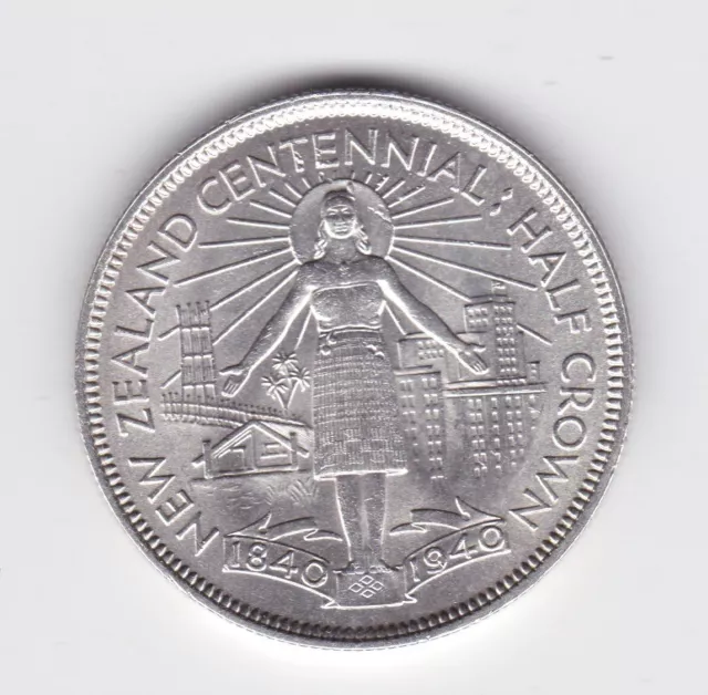 1940 New Zealand NZ Centennial Half Crown Silver Coin UNC or close B-297