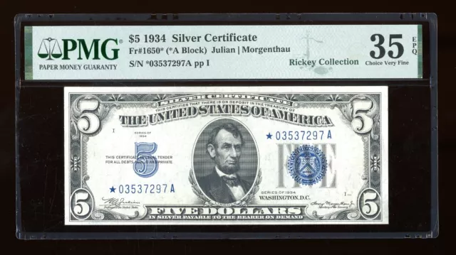 DBR 1934 $5 Silver STAR Fr. 1650* PMG 35 EPQ Serial *03537297A