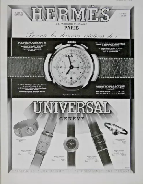 Publicité De Presse 1936 Hermès Créations Montre Bracelet Chronomètre Tachymètre