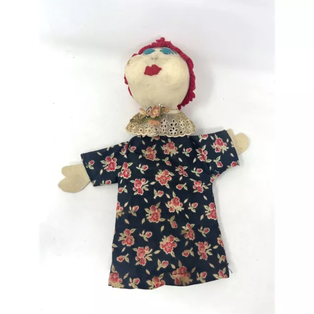Vintage Antique Hand Puppet Lady Stuffed Head Floral Roses Dress **RARE**