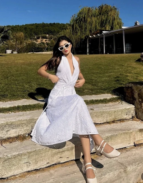 zara embroidered midi dress white ZARA EMBROIDERED WHITE & Black Long Maxi Midi Kaftan Dress Size S Bloggers Fave $74.42
