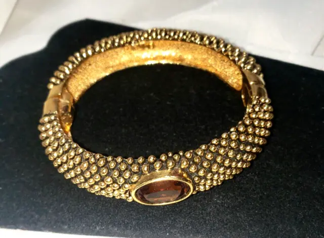 VTG CABOT Brutalist Style Gold Tone Bracelet Amber Glass Faceted Stone Bangle