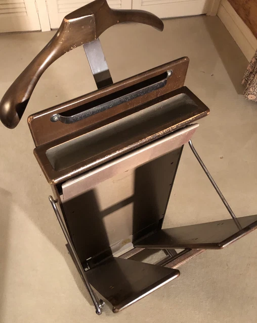 VINTAGE WOODEN VALET stand & trouser press, Corby of Windsor, wheels £