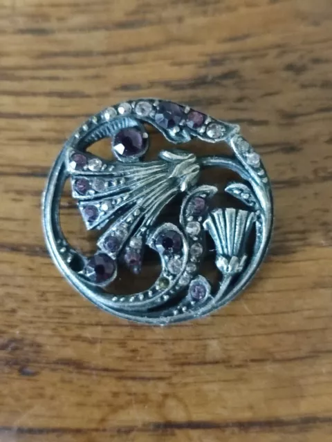 ANCIEN BOUTON ART NOUVEAU Fleur De Lotus En Métal Et Strass