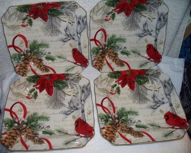 222 Fifth Holiday Wishes Square Salad Plate Set Of 4 Nw Christmas Cardinal