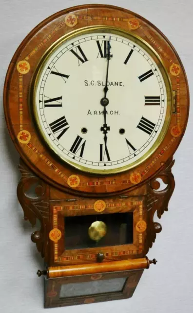 Beautiful Antique 8 Day Striking Inlaid Walnut Drop Dial Armagh Wall Clock