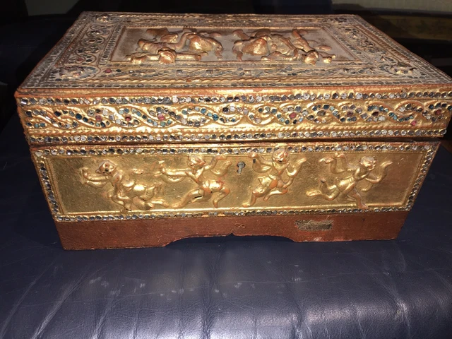 19th century Burmese carved wood box wth small glass