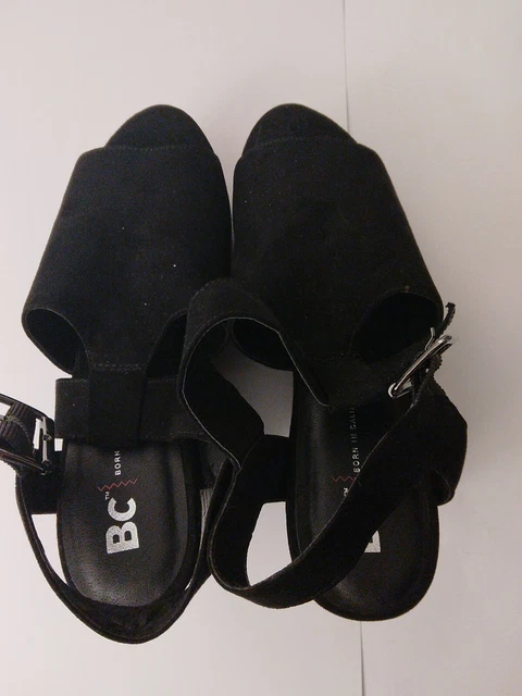 Born In California Women's  Sandal Wedge Faux Suede  Black Peep Toe  Size 7