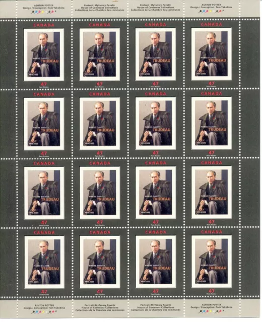 Scarce 2001 - #1909 Full Sheet MNH -  Canada Post Stamps - Pierre Elliot Trudeau