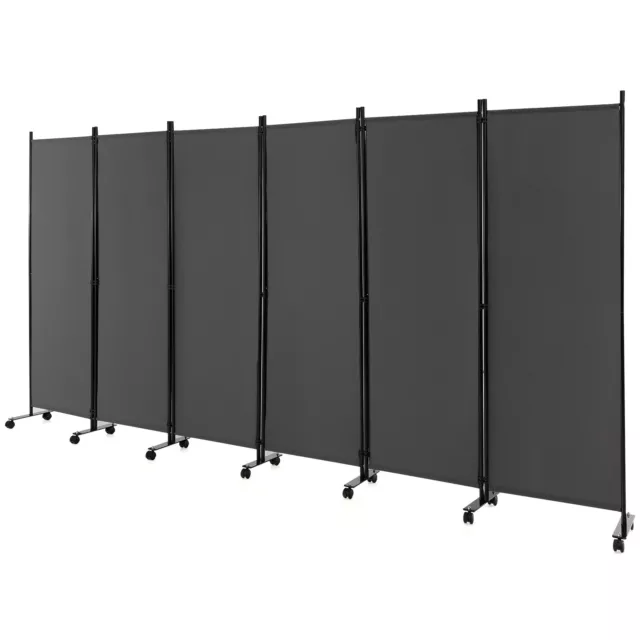 6-Panel Folding Room Divider 6FT Rolling Privacy Screen w/ Lockable Wheels Grey