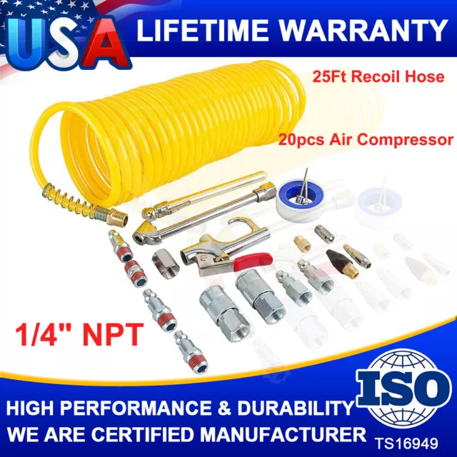 25ft 1/4" Recoil Air Hose Re Coil Spring Ends Pneumatic Compressor Accessory Kit