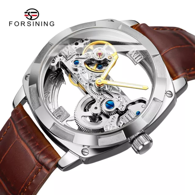 Forsining Mens Skeleton Mechanical Waterproof Luxury Watch Leather Hollow