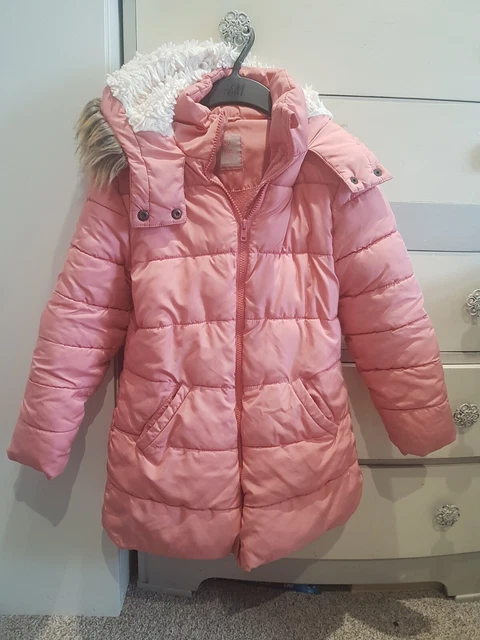 Girls Next Winter Padded Dusky Pink School Coat Fur Hood Fleece Lined 8 9 Years