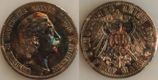 Original Kaiserreich Silbermünze Preußen Wilhelm II. 5 Mark 1908 A Silber Patina