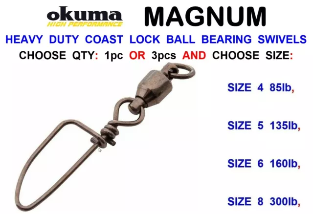OKUMA HEAVY DUTY Coast Lock Ball Bearing Swivels Easy Snap Fast Link Rig  Clip £6.25 - PicClick UK
