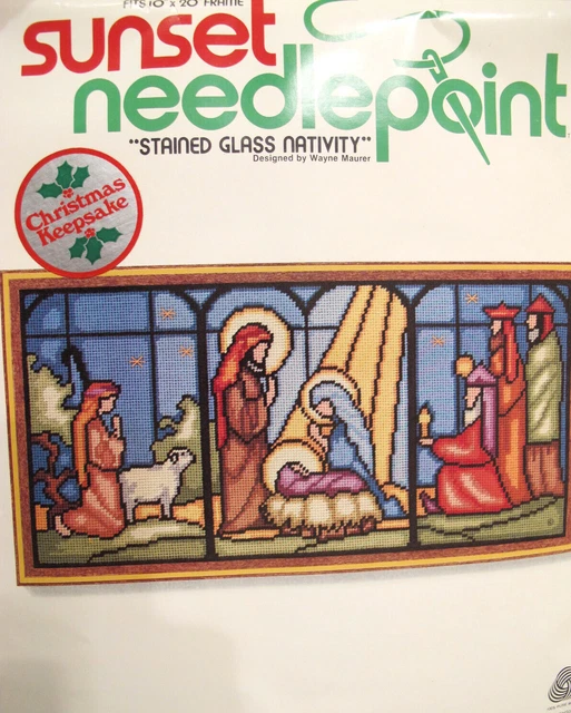 VTG SUNSET STAINED Glass Nativity Scene Complete Needlepoint Kit 6090