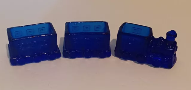 Rare Vintage Cobalt Blue Glass 3 Piece Train Set - Steam Engine and Coal Cars.