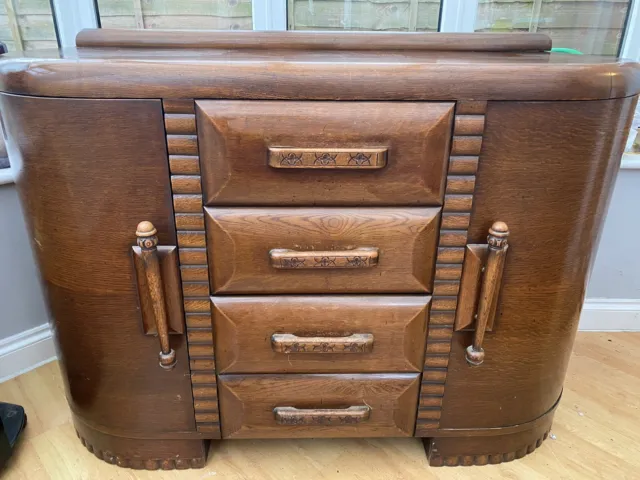 Superb Antique Original Art Deco 1930’s Heavy Solid Carved Oak Buffet Sideboard