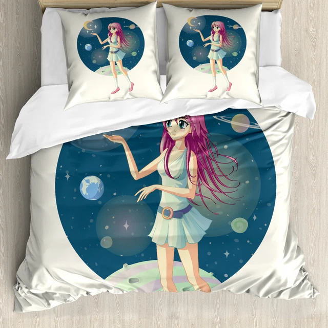 Anime Housse de Couette Fille avec des étoiles dans l'espace