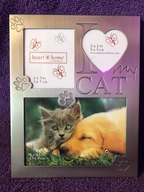 I LOVE MY CAT picture frame for 3 photos easel back 2x3 2x2 heart 5x3.5