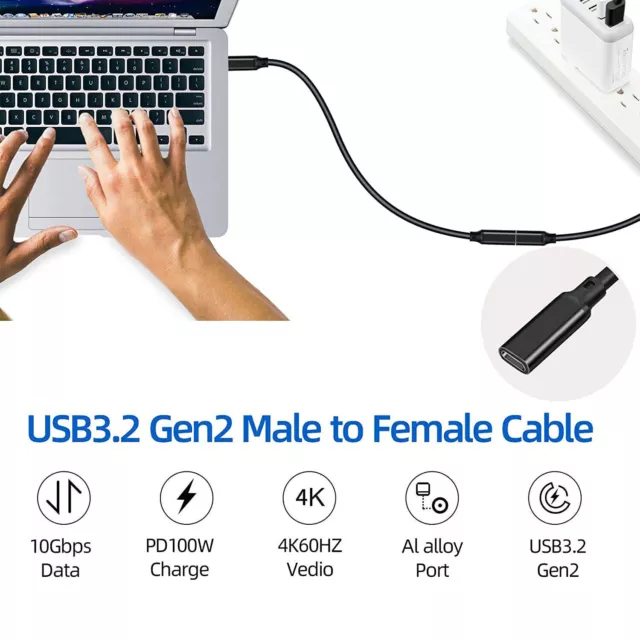 USB-C Male to Female HD 4K USB 3.2 Gen 2 10Gbps PD 100W Type C Extension Cable 2